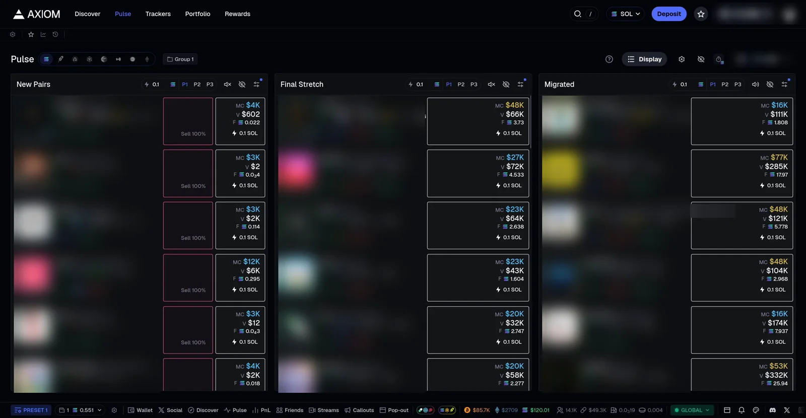 The Pulse page on axiom.trade, token names blurred